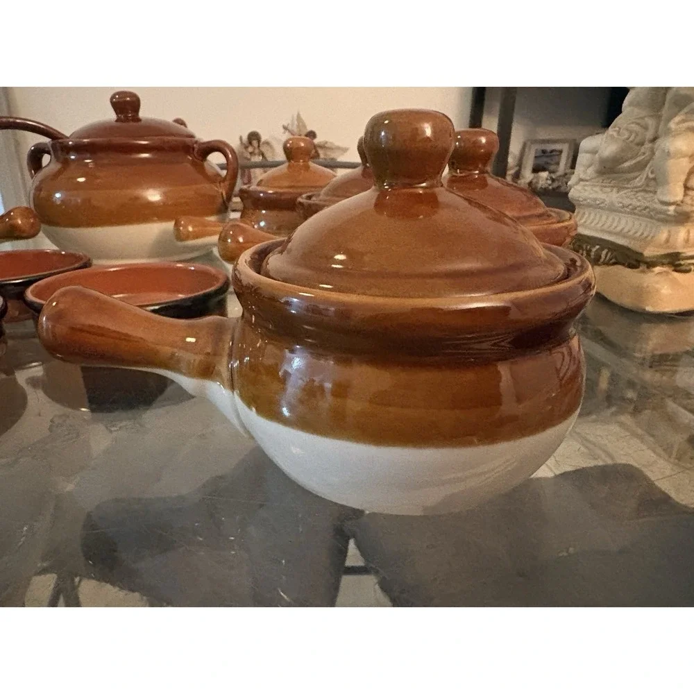 VTG Brown Drip Glaze Ceramic Soup Tureen Ladle Lid Bowls Ramekins Set Made China